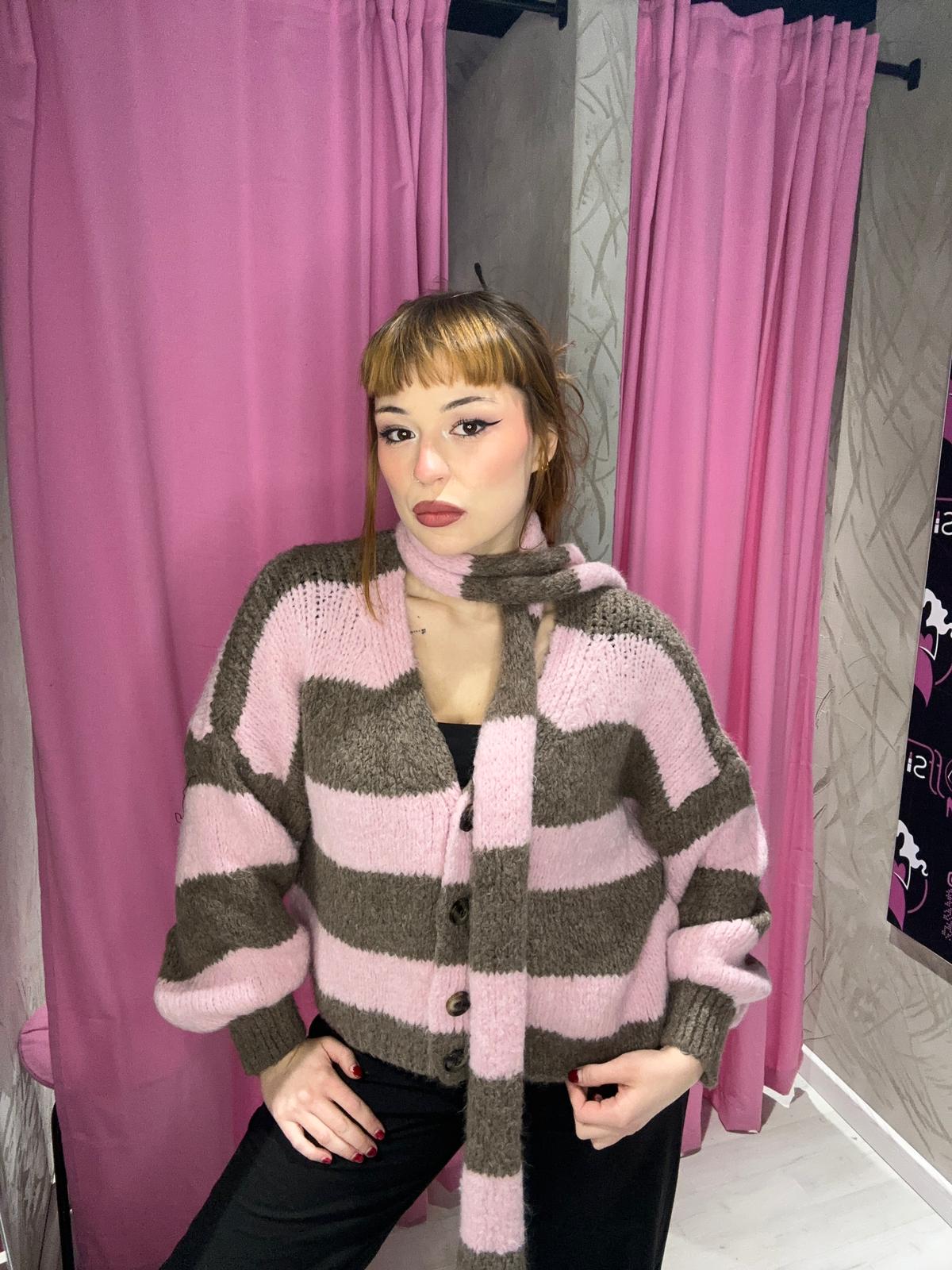 Cardigan con sciarpa a righe