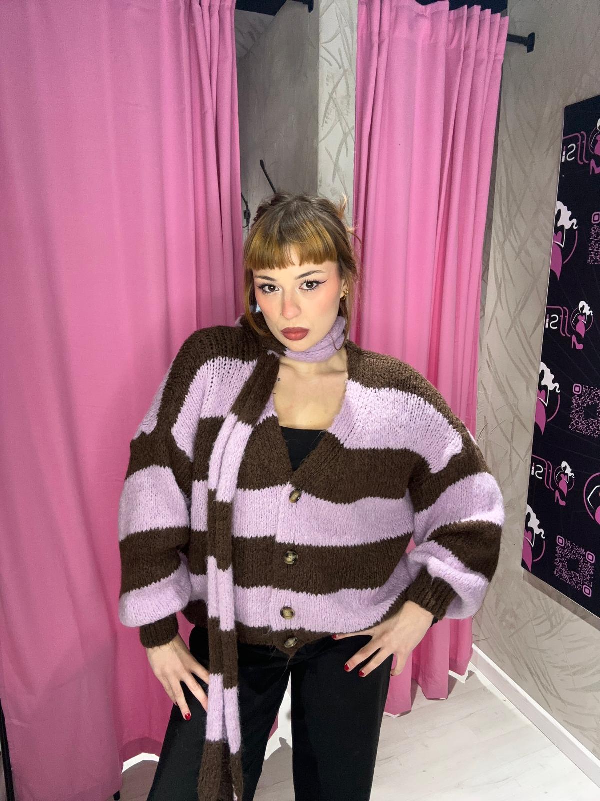 Cardigan con sciarpa a righe