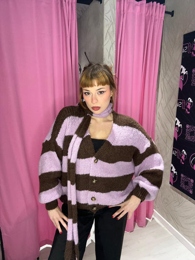 Cardigan con sciarpa a righe